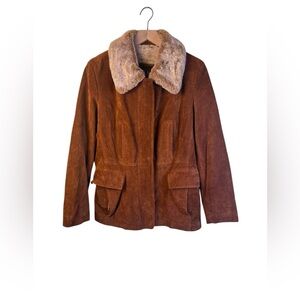Vintage Winlet Brown Suede Leather Jacket with Faux Fur Collar Size Medium